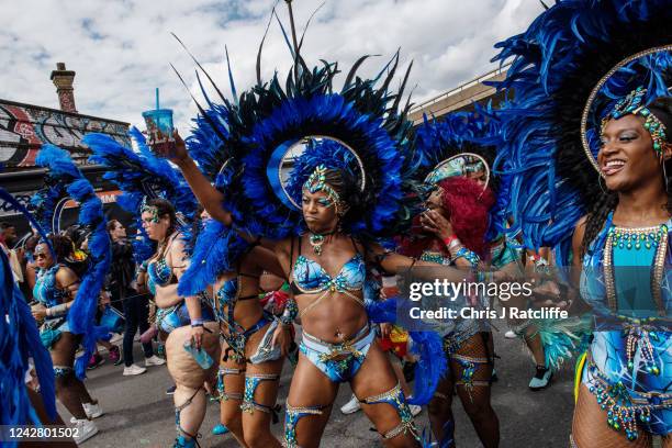 Notting Hill Carnival performers take part in the main parade on August 29, 2022 in London, United Kingdom. The Caribbean carnival returns to the...