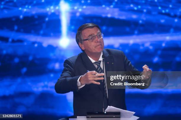 Jair Bolsonaro, Brazil's president, speaks during the first televised presidential debate in Sao Paulo, Brazil, on Sunday, Aug. 28, 2022. Bolsonaro...