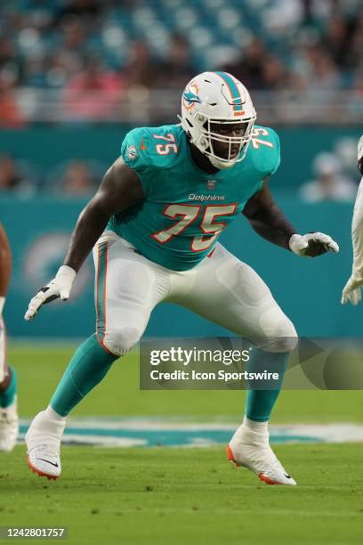 Miami Dolphins offensive tackle Greg Little eyes an incoming defensive e lineman during the game between the Philadelphia Eagles and the Miami...