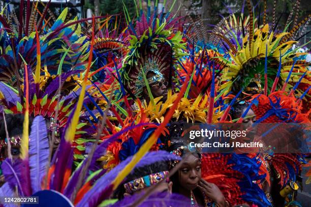 Notting Hill Carnival performers take part in the main parade on August 29, 2022 in London, United Kingdom. The Caribbean carnival returns to the...