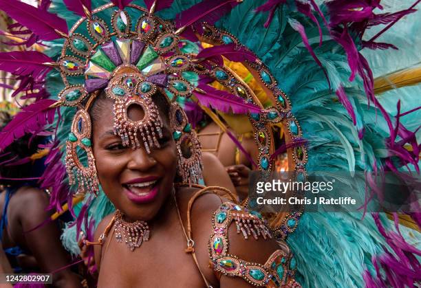 Notting Hill Carnival performers take part in the main parade on August 29, 2022 in London, United Kingdom. The Caribbean carnival returns to the...
