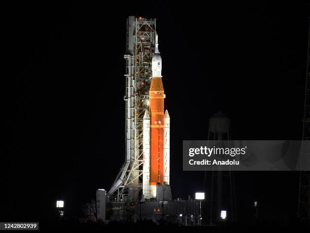 NASAâs Artemis 1 rocket sits at pad 39-B at the Kennedy Space Center hours before a scheduled launch on August 29 in Cape Canaveral, Florida. The...