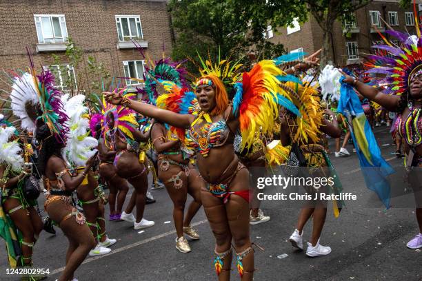 Notting Hill Carnival performers take part in the main parade on August 29, 2022 in London, United Kingdom. The Caribbean carnival returns to the...