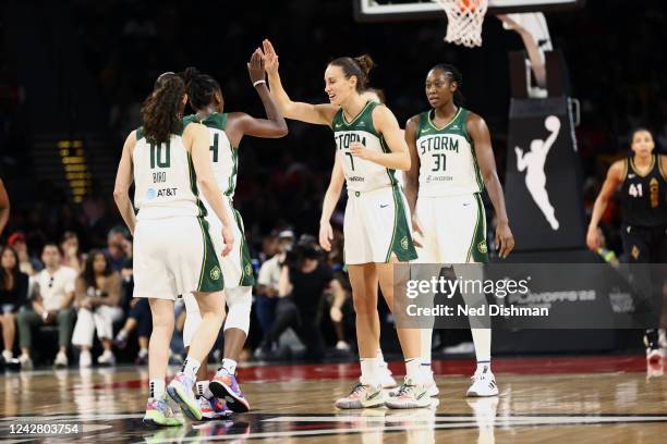 Stephanie Talbot of the Seattle Storm high fives Jantel Lavender of the Seattle Storm during the game against the Las Vegas Aces during Round 2 Game...