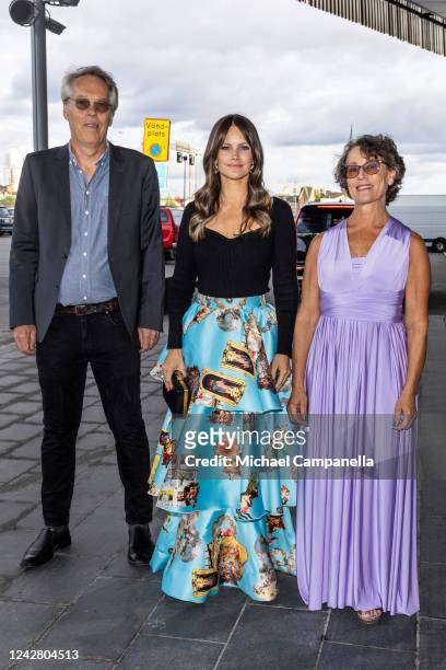 Princess Sofia of Sweden attends the Funkisfestivalen and is greeted by organizers Bjorn Kansvag and Anna Epstein at the Stockholm Waterfront on...