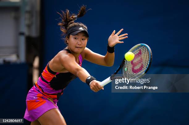 Eleana Yu of the United States hits a shot against Alison Riske-Amritraj of the United States during her first round match on Day 1 of the US Open...