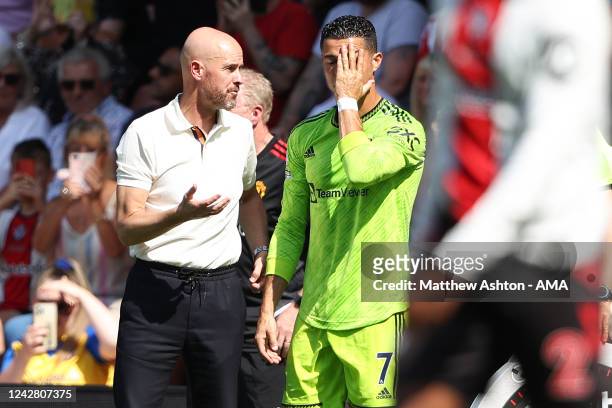 Erik Ten Hag the manager / head coach of Manchester United and Cristiano Ronaldo of Manchester United during the Premier League match between...