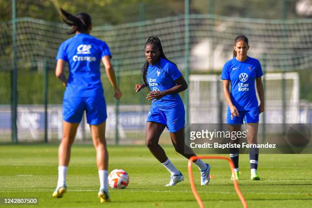 Griedge MBOCK BATHY of France and Clara MATEO of France during the Women's France Training Session at Centre National du Football on August 29, 2022...