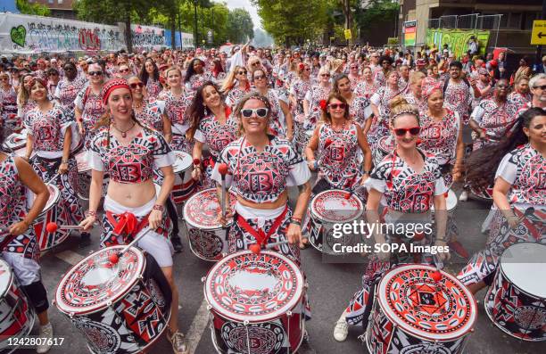 Drummers perform during the parade on the second day as Notting Hill Carnival returns after a two-year absence. The annual carnival celebrates...