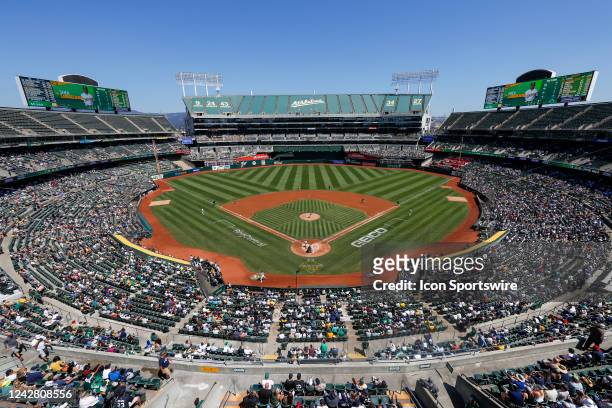 General view of a game between the New York Yankees and Oakland Athletics on August 28 at RingCentral Coliseum in Oakland, CA.