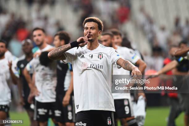 Dele Alli of Besiktas wave to the fans after the Turkish Super League match between Besiktas and Sivasspor at Vodafone Park on August 29, 2022 in...