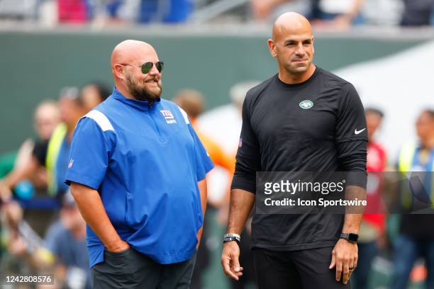 New York Jets head coach Robert Saleh and Giants head coach Brian Daboll prior to the National Football League game between the New York Jets and the...