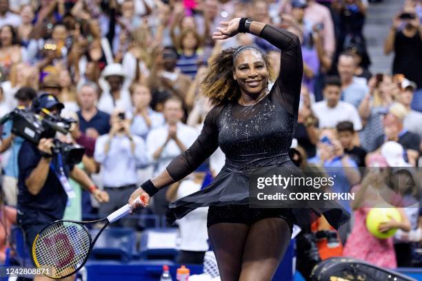 Player Serena Williams celebrates after defeating Montenegro's Danka Kovinic during their 2022 US Open Tennis tournament women's singles first round...
