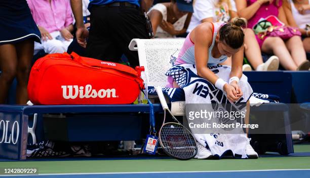 Simona Halep of Romania reacts frustrated while playing against Daria Snigur of Ukraine in her first round match on Day 1 of the US Open Tennis...