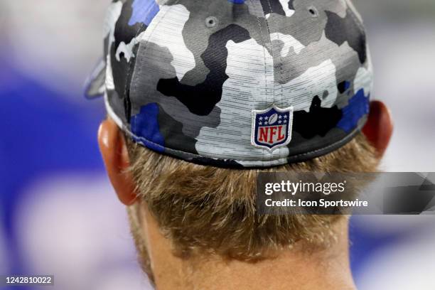 Logo on a baseball cap during a NFL preseason football game between the Buffalo Bills and the Carolina Panthers on August 26, 2022 at Bank of America...