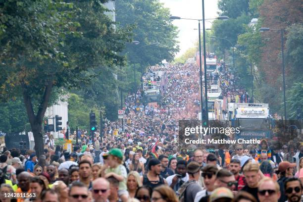 The Notting Hill Carnival 2022. The carnival returns for the first time since 2019. Crowds fill up on children's day.