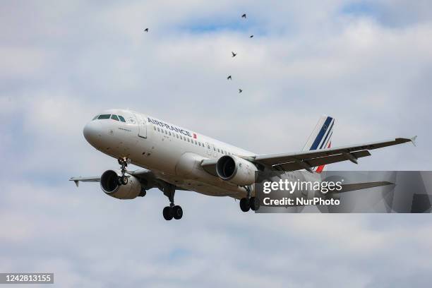 Air France Airbus A320 commercial aircraft as seen landing in London Heathrow Airport. The passenger airplane has the registration F-HEPA and is...