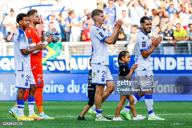 Kevin DANOIS - 23 Benoit COSTIL - 26 Paul JOLY - 22 Hamza SAKHI during the Ligue 1 Uber Eats match between Auxerre and Strasbourg at Abbe-Deschamp...