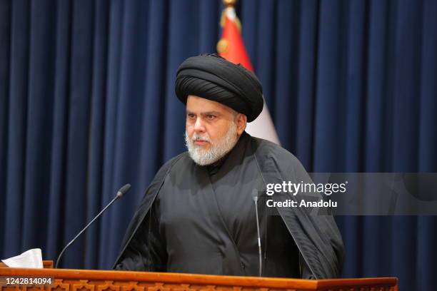 Iraq's Shia cleric Muqtada al-Sadr holds a press conference in Najaf, Iraq on August 30, 2022. Muqtada al-Sadr apologizes to Iraqi people, calls on...