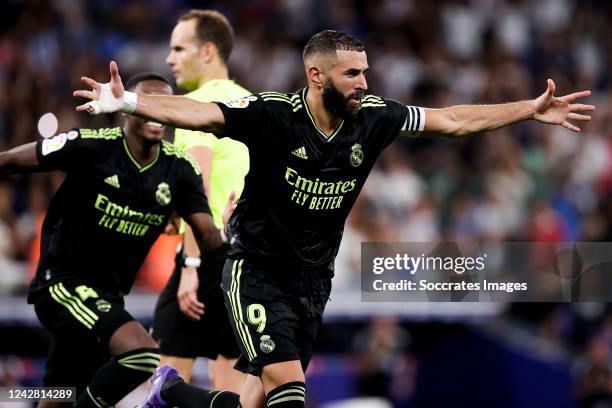 Karim Benzema of Real Madrid celebrates goal 1-3 during the La Liga Santander match between Espanyol v Real Madrid at the RCDE Stadium on August 28,...