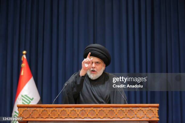 Iraq's Shia cleric Muqtada al-Sadr holds a press conference in Najaf, Iraq on August 30, 2022. Muqtada al-Sadr apologizes to Iraqi people, calls on...