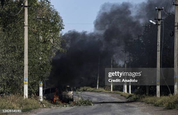 Smoke rises from a burning car due to clashes as Russia-Ukraine war continues in Siversâk, Bakhmut Raion of Donetsk Oblast of Ukraine on August 29,...