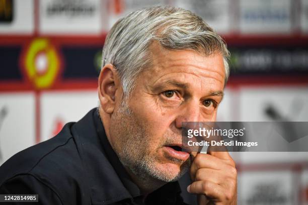 Bruno Genesio of Stade Rennes gives an interview during the Ligue 1 match between RC Lens and Stade Rennes at Stade Bollaert-Delelis on August 27,...