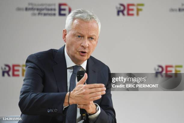 French Minister for the Economy and Finances Bruno Le Maire speaks during the French employers' association Medef summer conference La REF 2022 at...