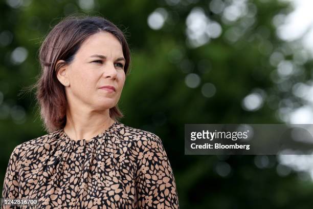 Annalena Baerbock, Germany's foreign minister, during a statement on the opening day of a retreat at Meseberg Castle in Meseberg, Germany, on Monday,...