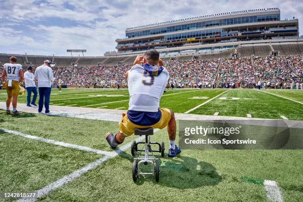 Notre Dame Fighting Irish wide receiver Joe Wilkins Jr. Looks on during the Notre Dame Blue-Gold Spring Football Game on April 23, 2022 at Notre Dame...