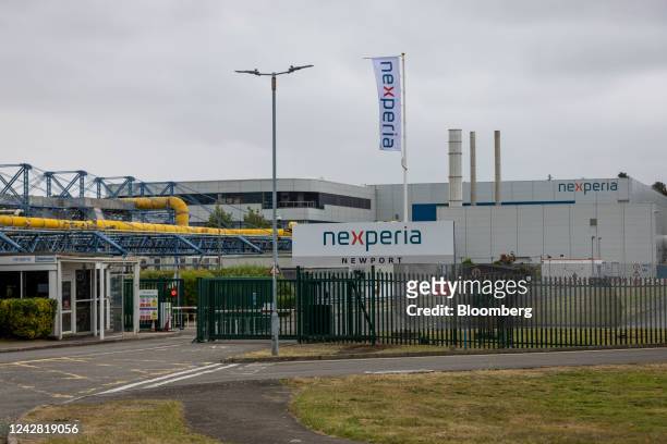 Nexperia Holding BV sign at the entrance to the Richard Rogers-designed building at the Newport Wafer Fab in Newport, UK, on Thursday, Aug. 18, 2022....