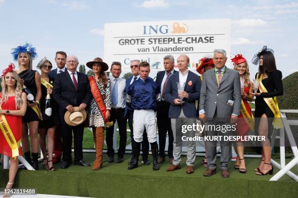 Winner Angelo Zuliani pictured after the yearly Waregem Koerse, 'Grote Steeple Chase van Vlaanderen' horse race, at the Gaverbeek Hippodrome in...