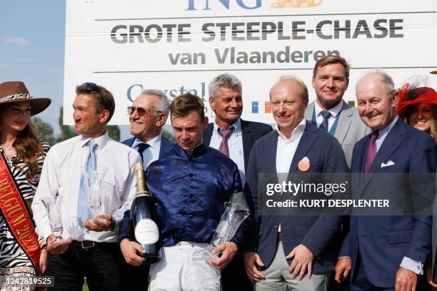 Winner Angelo Zuliani pictured after the yearly Waregem Koerse, 'Grote Steeple Chase van Vlaanderen' horse race, at the Gaverbeek Hippodrome in...