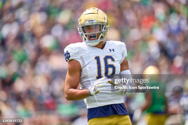 Notre Dame Fighting Irish safety Brandon Joseph looks on during the Notre Dame Blue-Gold Spring Football Game on April 23, 2022 at Notre Dame Stadium...