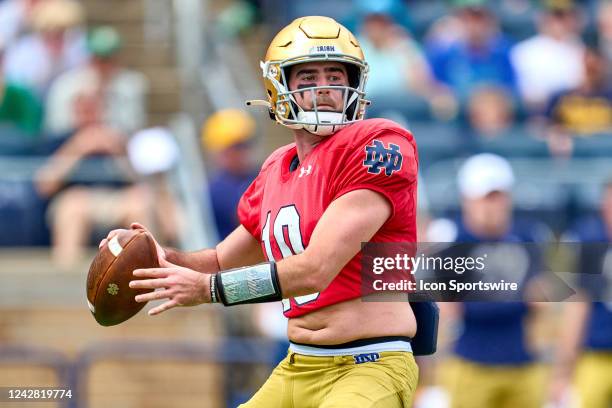 Notre Dame Fighting Irish quarterback Drew Pyne throws the football during the Notre Dame Blue-Gold Spring Football Game on April 23, 2022 at Notre...