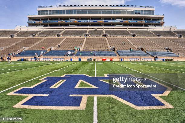 Detail view of the Notre Dame Fighting Irish logo is seen at the center of the field during the Notre Dame Blue-Gold Spring Football Game on April...