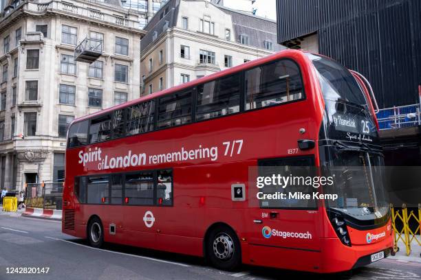 Double decker bus with Spirit of London remembering 7/7 written on the side on 23rd August 2022 in London, United Kingdom. The 7 July 2005 London...