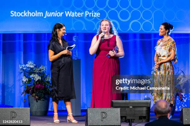 Crown Princess Victoria of Sweden awards the Stockholm Junior Water Prize to Canadian student Annabelle Rayson during Stockholm Junior Water Prize...