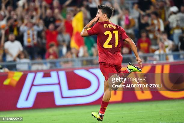 Roma's Argentinian forward Paulo Dybala celebrates after opening the scoring during the Italian Serie A football match between AS Roma and Monza on...