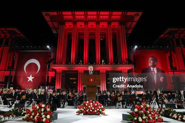 Turkish President Recep Tayyip Erdogan makes a speech during a concert held within the 100th anniversary of Turkiye's Victory Day, which commemorates...