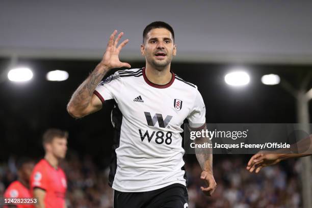 Aleksandar Mitrovic of Fulham celebrates after scoring their first goal during the Premier League match between Fulham FC and Brighton & Hove Albion...