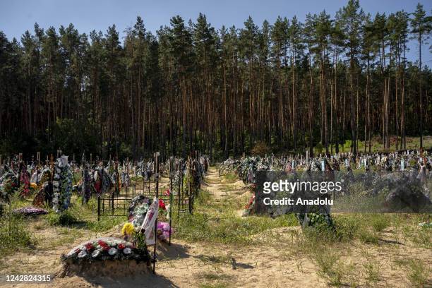 Graves are seen at a cemetery that contains hundreds of civilian casualties from the Russia-Ukraine War in Irpin, Ukraine on August 30, 2022....