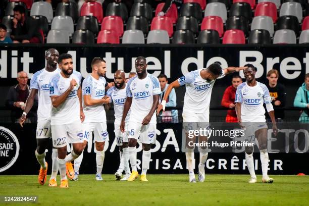 Moussa DOUMBIA of FC Sochaux Montbeliard celebrate his goal with teammates during the Ligue 2 match between Guingamp and Sochaux on August 30, 2022...