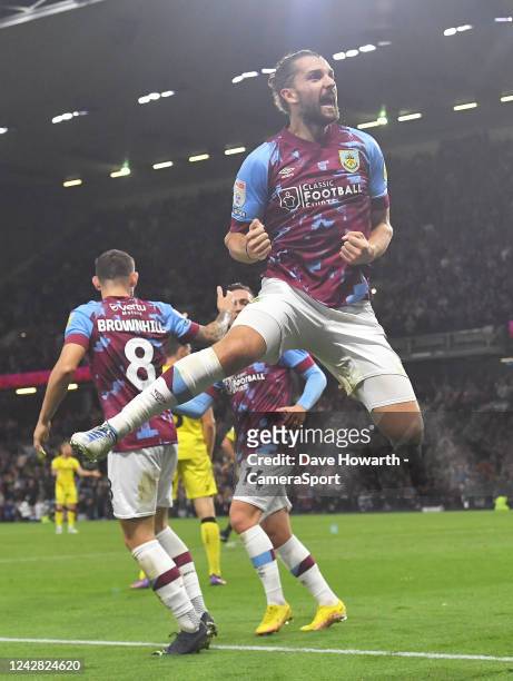 Burnley's Jay Rodriguez celebrates scoring his teams second goal during the Sky Bet Championship between Burnley and Millwall at Turf Moor on August...