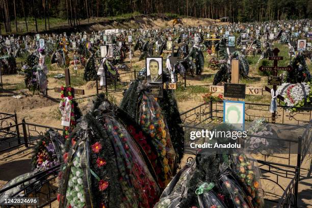 Graves are seen at a cemetery that contains hundreds of civilian casualties from the Russia-Ukraine War in Irpin, Ukraine on August 30, 2022....