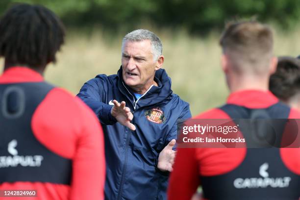 New Sunderland AFC head coach Tony Mowbray takes a training session at The Academy of Light on August 30, 2022 in Sunderland, England.