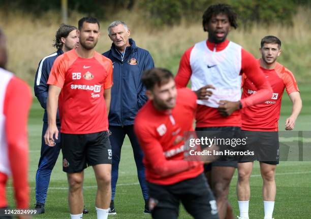 New Sunderland AFC head coach Tony Mowbray takes a training session at The Academy of Light on August 30, 2022 in Sunderland, England.