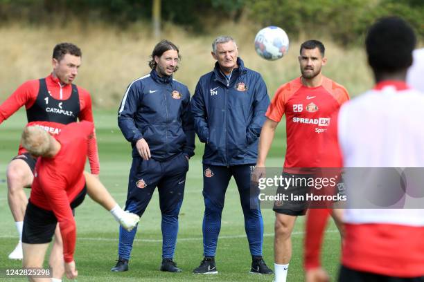 New Sunderland AFC head coach Tony Mowbray takes a training session at The Academy of Light on August 30, 2022 in Sunderland, England.