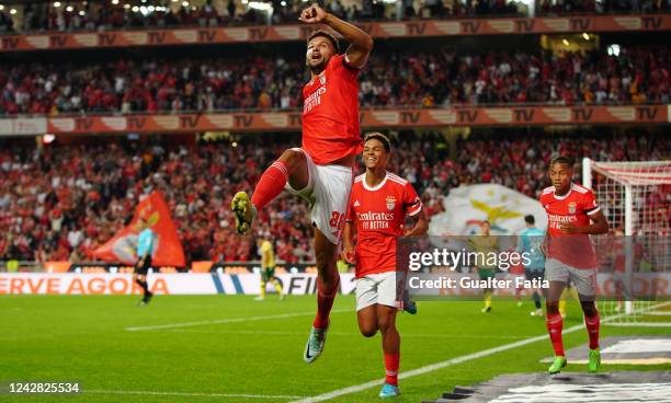 Goncalo Ramos of SL Benfica celebrates after scoring a goal during the Liga Portugal Bwin match between SL Benfica and FC Pacos de Ferreira at...