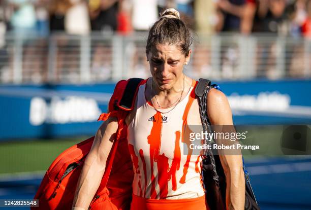 Andrea Petkovic of Germany walks off the court after losing to Belinda Bencic of Switzerland in her last career match on Day 2 of the US Open Tennis...